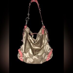 Coach Carly Hobo Bag In Beige Signature Canvas w/Pink Leather Accents 10”x13”x5”